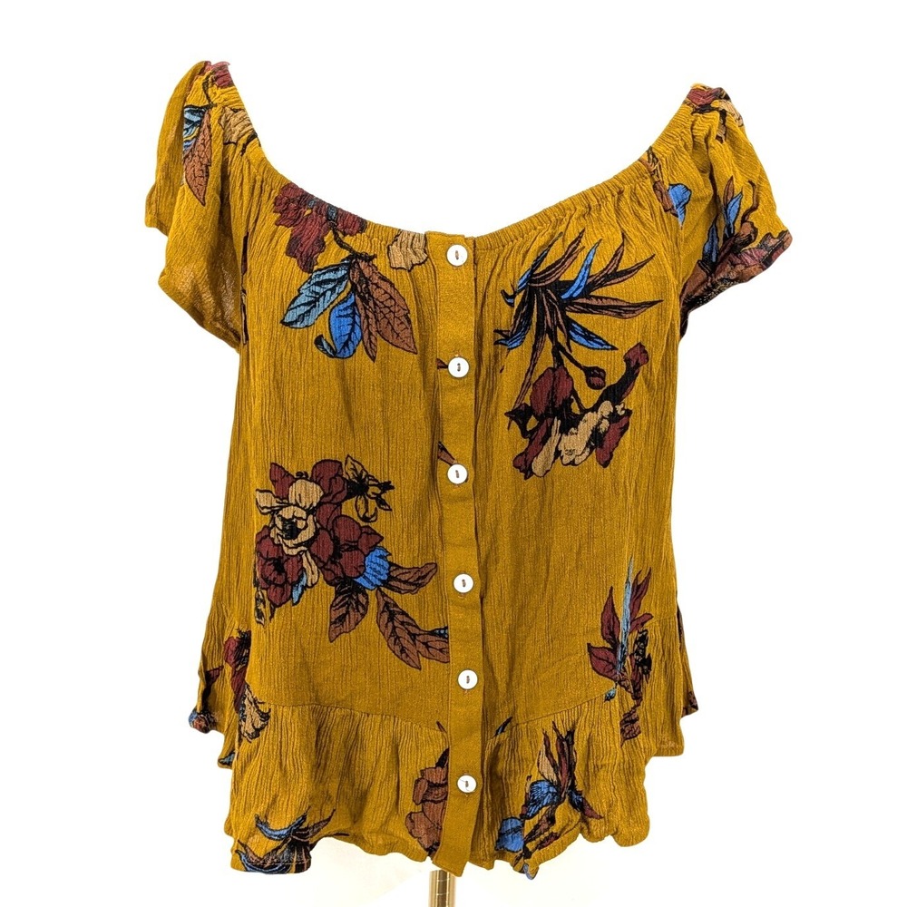 Mustard floral button front peplum blouse rayon‎ lightweight womens L